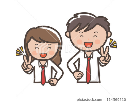 Upper body illustration of a cute high school couple in uniforms making a peace sign with a big smile 114569310