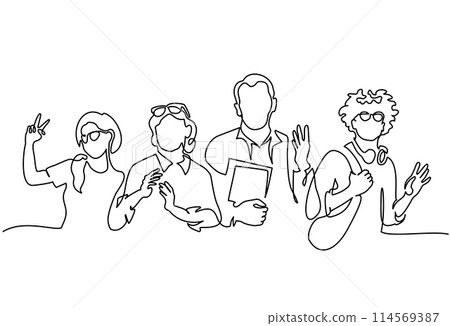 Group of people greeting Hands up. Continuous one line drawing. Group of people greeting Hands up. Continuous one line drawing. 114569387