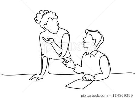 Female teacher explaining a task to a boy student. One line drawing Female teacher explaining a task to a boy student. One line drawing 114569399