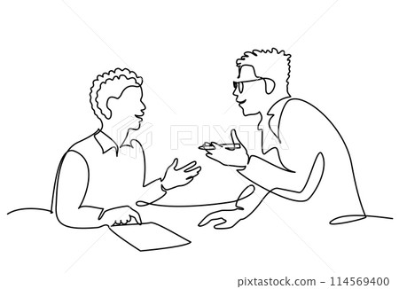 Male teacher explaining a task to a boy student. One line drawing Male teacher explaining a task to a boy student. One line drawing 114569400