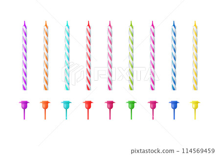 3d realistic colorful candles for birthday cake. Holiday candles with burning flames candlelight on wicks, celebration objects. Vector 114569459