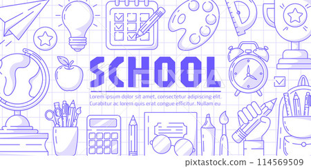 Banner with school supplies, vector minimalist design, checkered background. Globe, backpack with stationery, paper airplane, calculator, alarm clock, notebook and glasses, schedule, pencil in hand 114569509