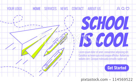 Paper airplane, school supplies, pen and pencil. Back to school, education, learning concept. Vector modern template for web, banner, poster, landing page, website. Checkered background 114569522
