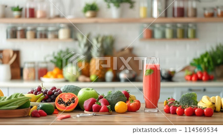 A kitchen filled with fresh fruits, vegetables, and a smoothie, capturing a New Year's resolution for a healthier diet in 2025. 2025 new year resolutions 114569534
