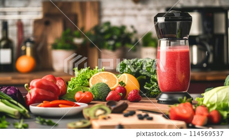 A vibrant kitchen scene showcasing healthy fruits, vegetables, and a smoothie, symbolizing a commitment to a nutritious diet in 2025. 2025 new year resolutions 114569537