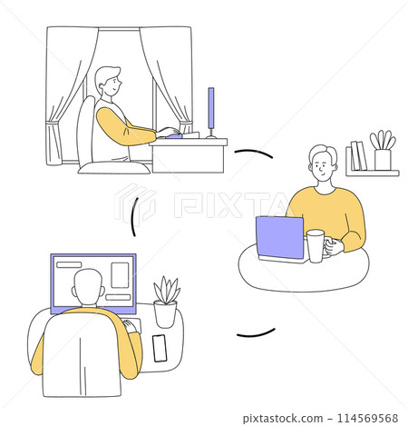 Work from home. People work in team from different locations remotely. Flat vector illustration with outline. 114569568