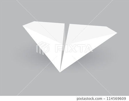 Paper plane model. Origami handmade aircraft view. Vector white paper airplane with shadow, isolated on gray background 114569609