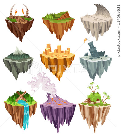 Game flying islands with volcanoes, waterfall, glacier and craters. Flying platform of exotic nature game island. Colorful flat vector elements for fantasy computer or mobile game Game flying islands with volcanoes, waterfall, glacier and craters. Flying platform of exotic nature game island. Colorful flat vector elements for fantasy computer or mobile game 114569631