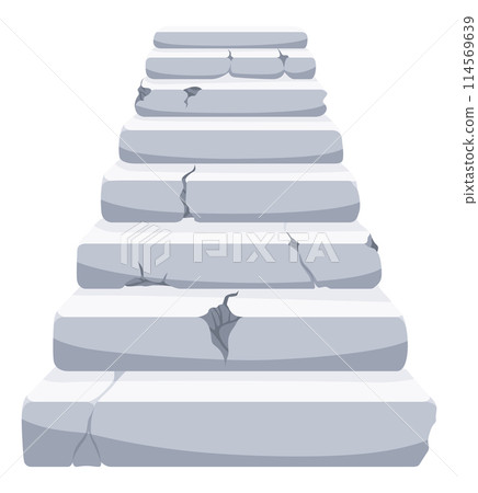 Game castle stairs in cartoon style. Medieval ancient ladder flights without railings, marble step treads or rock risers with cracked details. Vector staircase isolated on white Game castle stairs in cartoon style. Medieval ancient ladder flights without railings, marble step treads or rock risers with cracked details. Vector staircase isolated on white 114569639