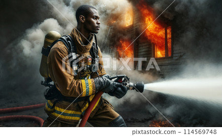 photorealistic image of an African American male firefighter extinguishing fire in burning building 114569748