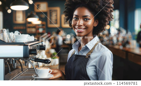 joyful young African American woman barista, with smile that reflects the welcoming nature 114569781