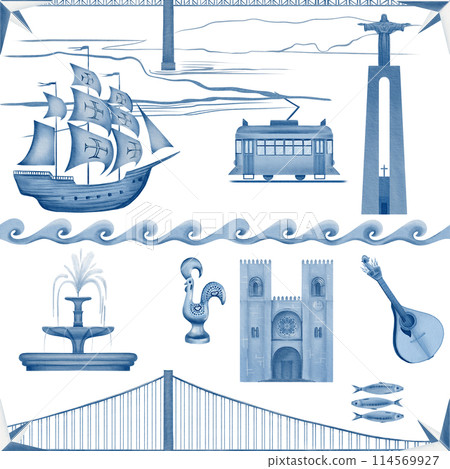 Symbols of portugal stylized monochrome blue and white in seamless pattern. April 25 bridge,Jesus statue,old ship,tram,cockerel,fado guitar,fountain,wave,se cathedral,sardinha,wind rose 114569927