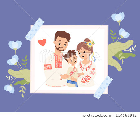 Happy Ukrainian family of three. Man dad his wife and son together in embrace in traditional embroidered clothing, signifying cultural heritage. Vector illustration. Photo portrait frame with flowers Happy Ukrainian family of three. Man dad his wife and son together in embrace in traditional embroidered clothing, signifying cultural heritage. Vector illustration. Photo portrait frame with flowers 114569982