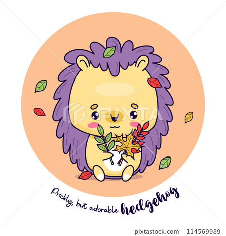 Cute hedgehog with autumn leaves. Vector illustration. Funny cartoon kawaii animal character. Kids collection. Cute hedgehog with autumn leaves. Vector illustration. Funny cartoon kawaii animal character. Kids collection. 114569989