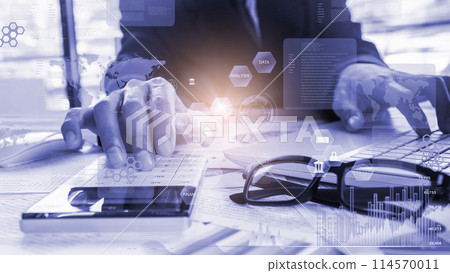 Stock market or forex trading graph and candlestick chart suitable for financial investment concept. Economy trends background for business idea and all art work design. Abstract finance background.. 114570011