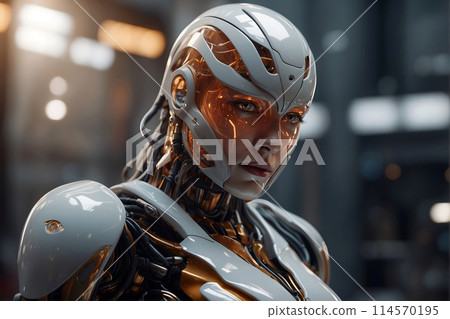 Futuristic cyborg woman. Close-up portrait of female robot Futuristic cyborg woman. Close-up portrait of female robot 114570195