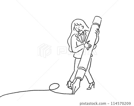 Full body, line drawing of a woman in a suit holding a large fountain pen and drawing a line 114570209