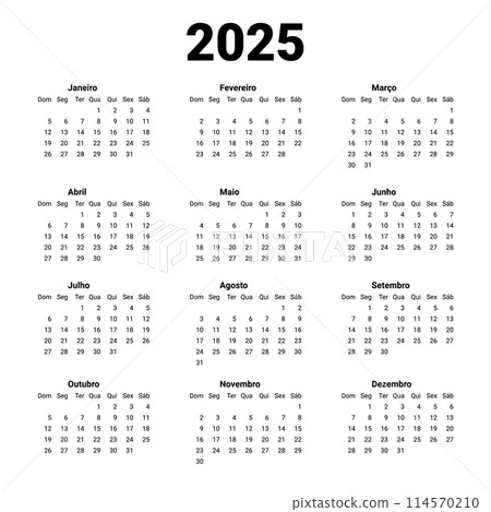 Vertical template calendar New Year 2025. Portuguese calendar design. Portugues week starts on Monday. Yearly grid on white. Simple vector illustration. 114570210
