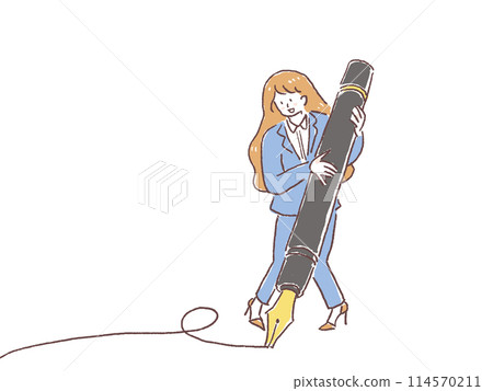 The whole body of a woman in a suit drawing a line with a large fountain pen 114570211