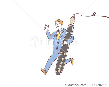 Full body of a man in a suit running with a large fountain pen 114570213