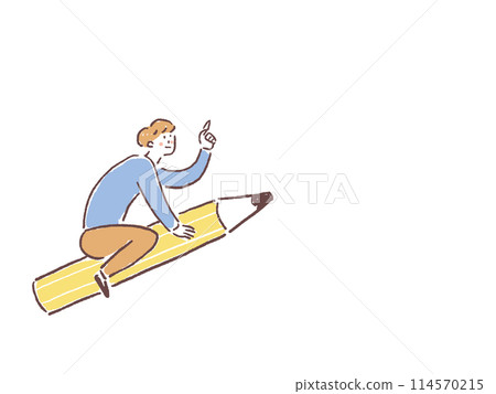 A man standing on a large pencil and pointing up A man standing on a large pencil and pointing up 114570215