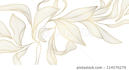 Vector golden flower background, luxury abstract line leaves composition. Art deco floral ornament, elegant summer print. Foliage drawing, vintage illustration. 114570279