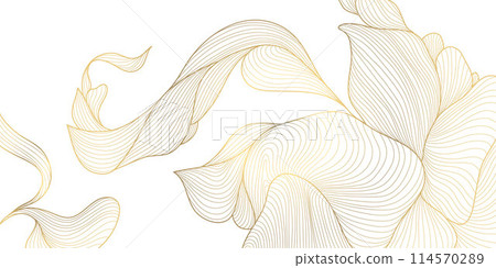 Vector golden flower background, luxury abstract line leaves composition. Art deco floral ornament, elegant summer print. Foliage drawing, vintage illustration. 114570289