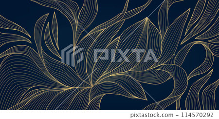 Vector golden flower background, luxury abstract line leaves composition. Art deco floral ornament, elegant summer print. Foliage drawing, vintage illustration. Vector golden flower background, luxury abstract line leaves composition. Art deco floral ornament, elegant summer print. Foliage drawing, vintage illustration. 114570292