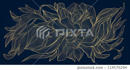 Vector golden flower background, luxury abstract line leaves composition. Art deco floral ornament, elegant summer print. Foliage drawing, vintage illustration. Vector golden flower background, luxury abstract line leaves composition. Art deco floral ornament, elegant summer print. Foliage drawing, vintage illustration. 114570294