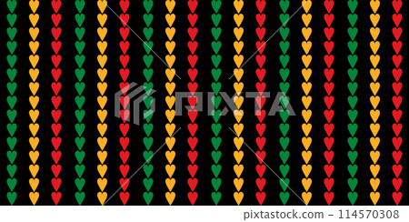 Seamless pattern with red, yellow and green hearts that are neatly aligned in columns on a black background. Simple solid pattern for wrapping paper, gift paper, pillows, etc. Vector illustration Seamless pattern with red, yellow and green hearts that are neatly aligned in columns on a black background. Simple solid pattern for wrapping paper, gift paper, pillows, etc. Vector illustration 114570308