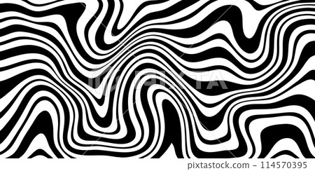 Background with black and white wavy lines. Vector psychedelic zebra pattern. Warped striped monochrome texture. Background with black and white wavy lines. Vector psychedelic zebra pattern. Warped striped monochrome texture. 114570395
