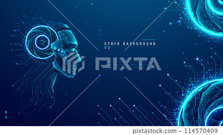 AI humanoid robot in light neon blue on a technology background. 114570409