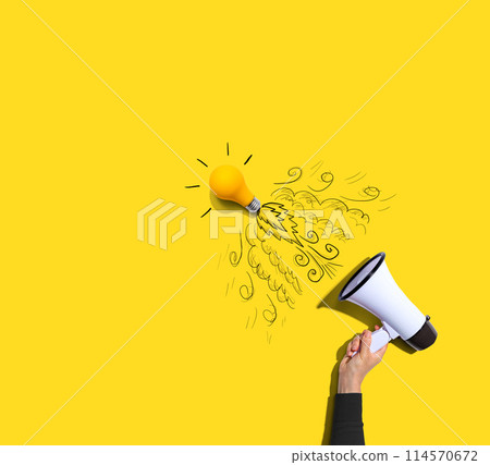 Attention and announcement concept with an idea light bulb flying to the sky like a rocket 114570672