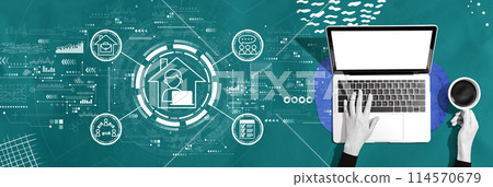 Remote Work theme with person using a laptop Remote Work theme with person using a laptop 114570679