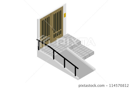 Home renovation, nursing care renovation with a ramp in front of the entrance, isometric illustration Home renovation, nursing care renovation with a ramp in front of the entrance, isometric illustration 114570812