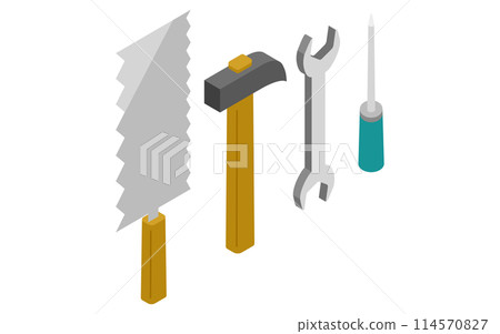 Tools set (saw, hammer, wrench, screwdriver), isometric illustration Tools set (saw, hammer, wrench, screwdriver), isometric illustration 114570827