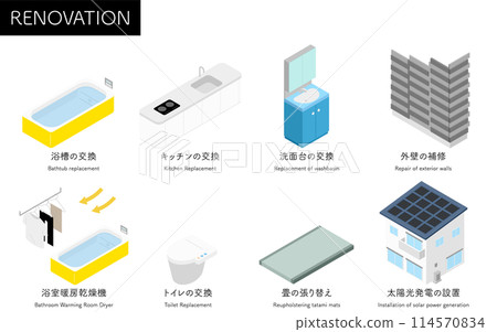 Isometric illustrations of home renovation, system bath, system kitchen, solar power generation, etc. 114570834