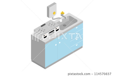 家居裝修，帶舊熱水器的廚房，等軸圖 114570837