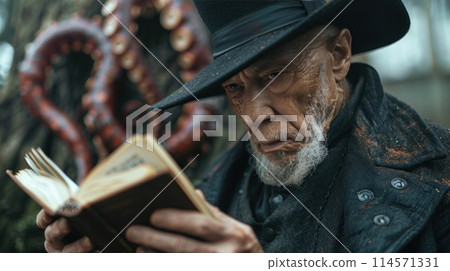 Man in hat reads book with font while wrinkles show wisdom and experience 114571331