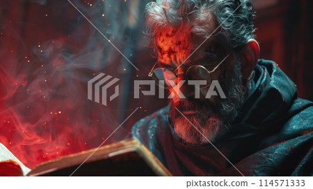 A man engrossed in a book about a fictional character in a dark room A man engrossed in a book about a fictional character in a dark room 114571333