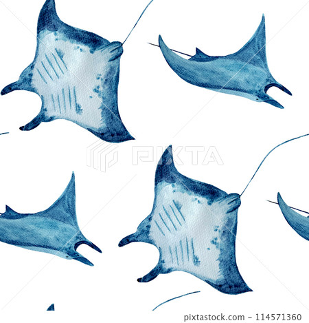 Manta ray watercolor seamless pattern isolated on white. High quality hand-drawn monochromatic illustration for notebooks, posters, wallpaper, textile, beach towel, wrapping paper and room decor 114571360