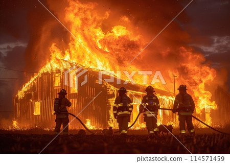 Firefighters extinguish a fire in the countryside 114571459