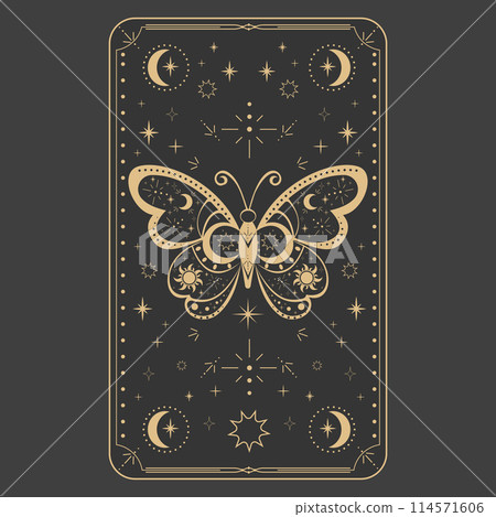 Tarot reverce butterfly cover celelstial mystery esoteric decoration card frame gold line border with moth stars and moon on dark background. 114571606