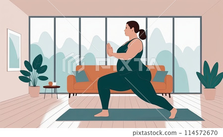 Large woman, yoga practice near sofa, leggings and top attire. Bright room, large window, floor-standing flower. 114572670