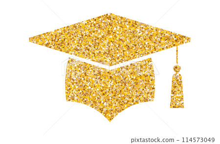 Graduation hat glitter logo. Graduate cap flat sparkling luxury gold sticker 114573049