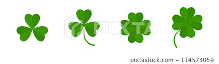 Flat shamrock icons set. Clover three and four leaves logo. Green floral symbol. 114573059