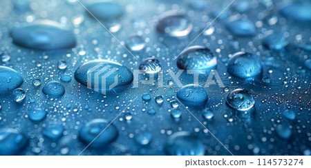 Water drops on a glass surface. Blue background. Shallow depth of field 114573274