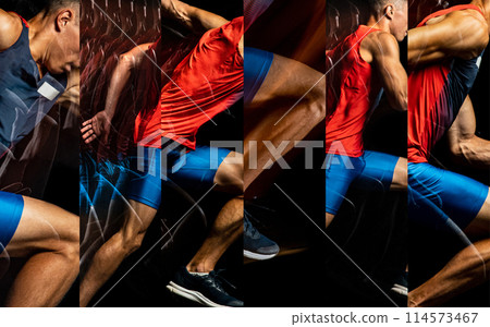 Collage. Male runner, sprinter in action in multiple dynamic poses highlighting speed and athleticism. Strength and power Collage. Male runner, sprinter in action in multiple dynamic poses highlighting speed and athleticism. Strength and power 114573467