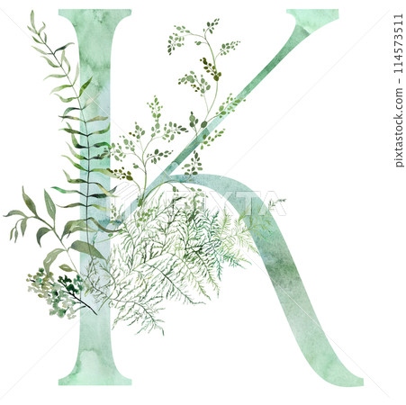Green letter K with Watercolor whimsical tender leaves isolated illustration, wedding element 114573511