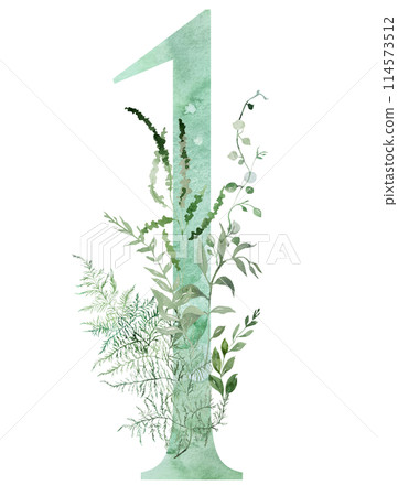 Green number 1 with Watercolor whimsical tender leaves isolated illustration, wedding element 114573512
